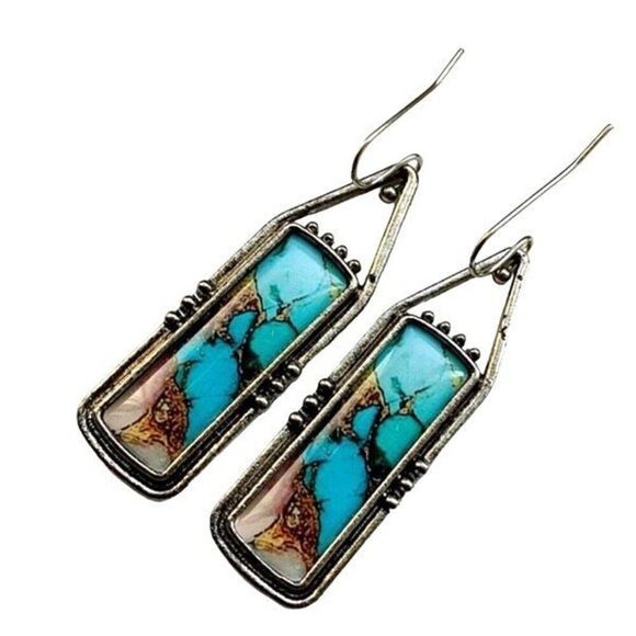 Unique Western Cowgirl Turquoise & Silver Tone Kingman Style Rectangle Earrings - Picture 1 of 12